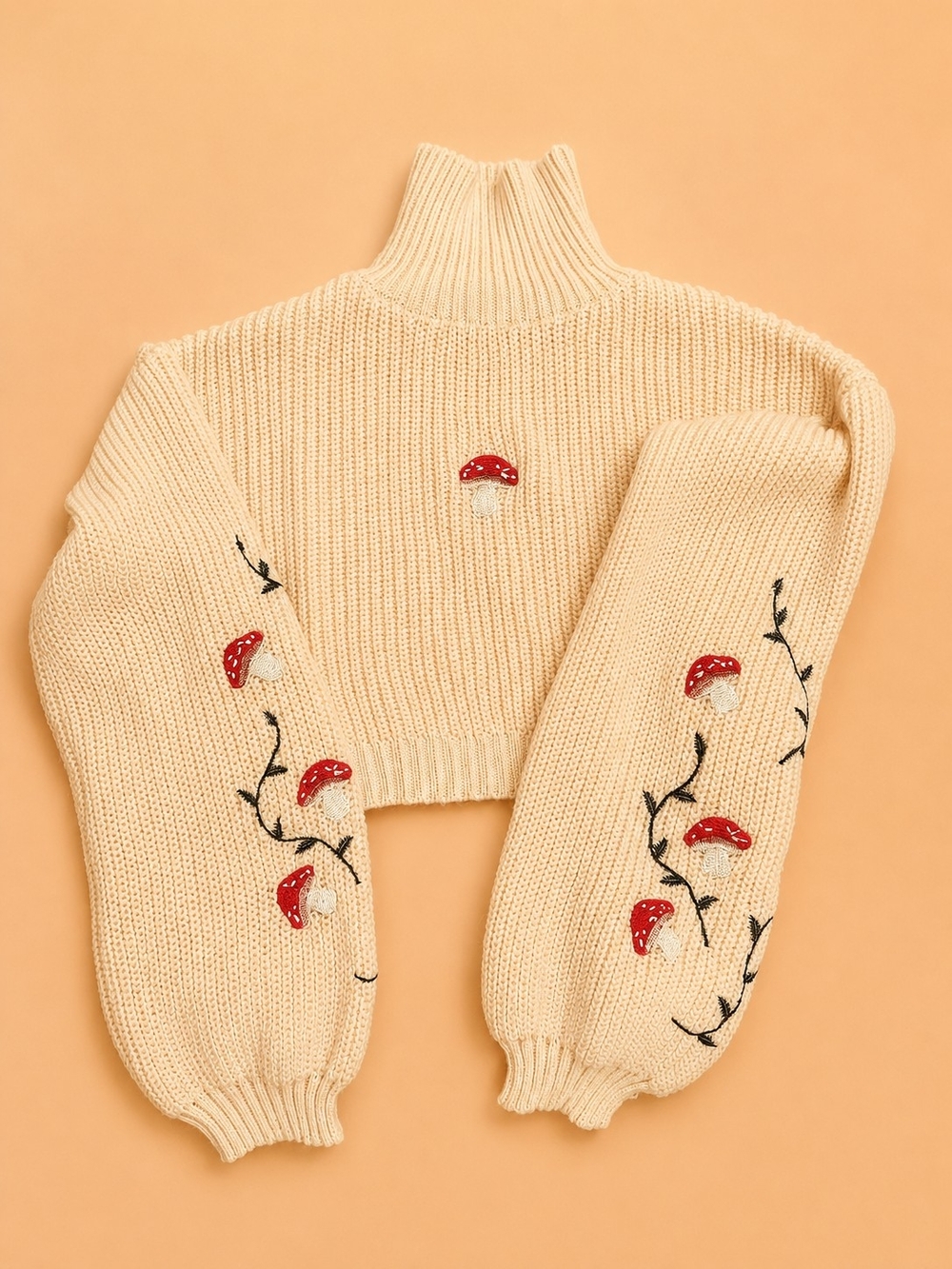 Cream Turtleneck Cropped Sweater with Red Mushroom Embroidery